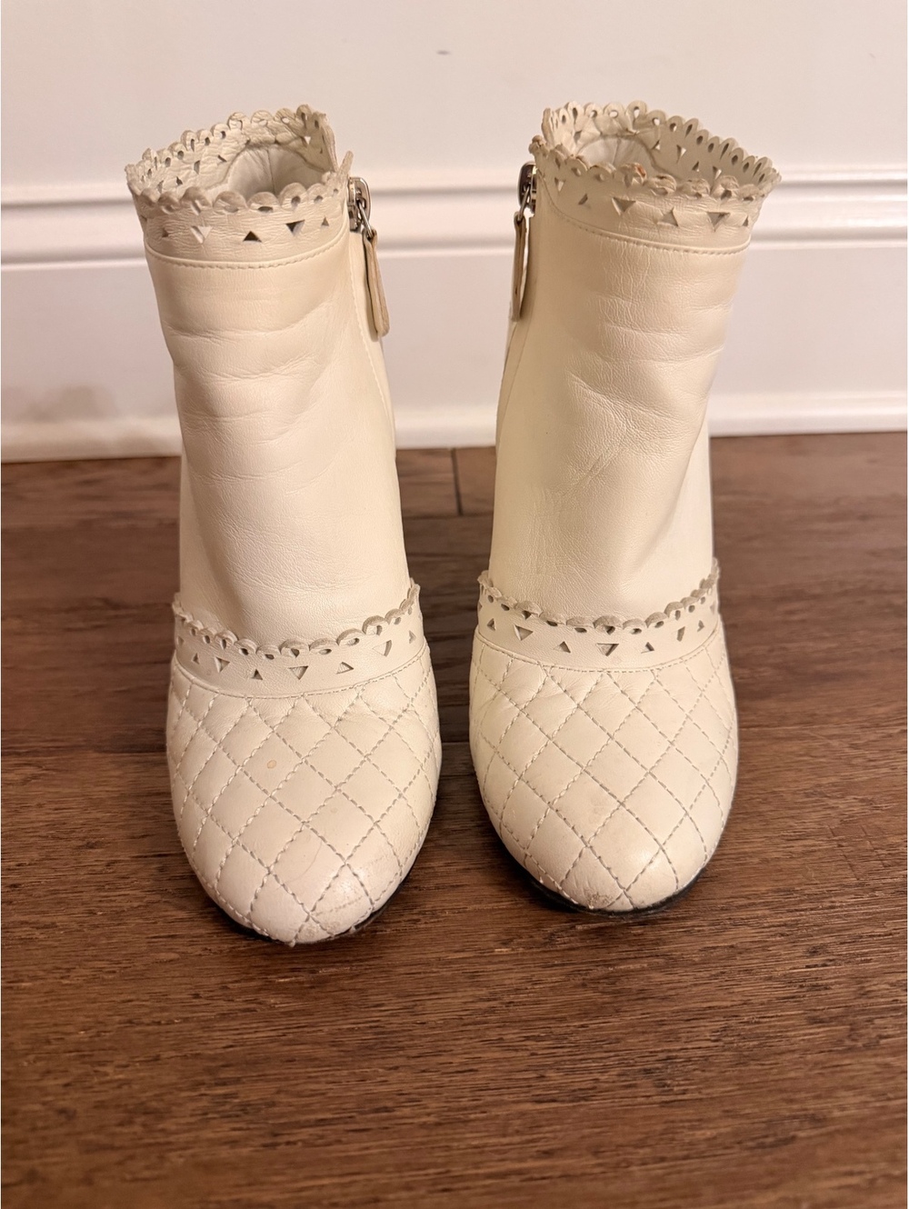 Chanel Women's White Quilted Leather Ankle Boots Size 37.5